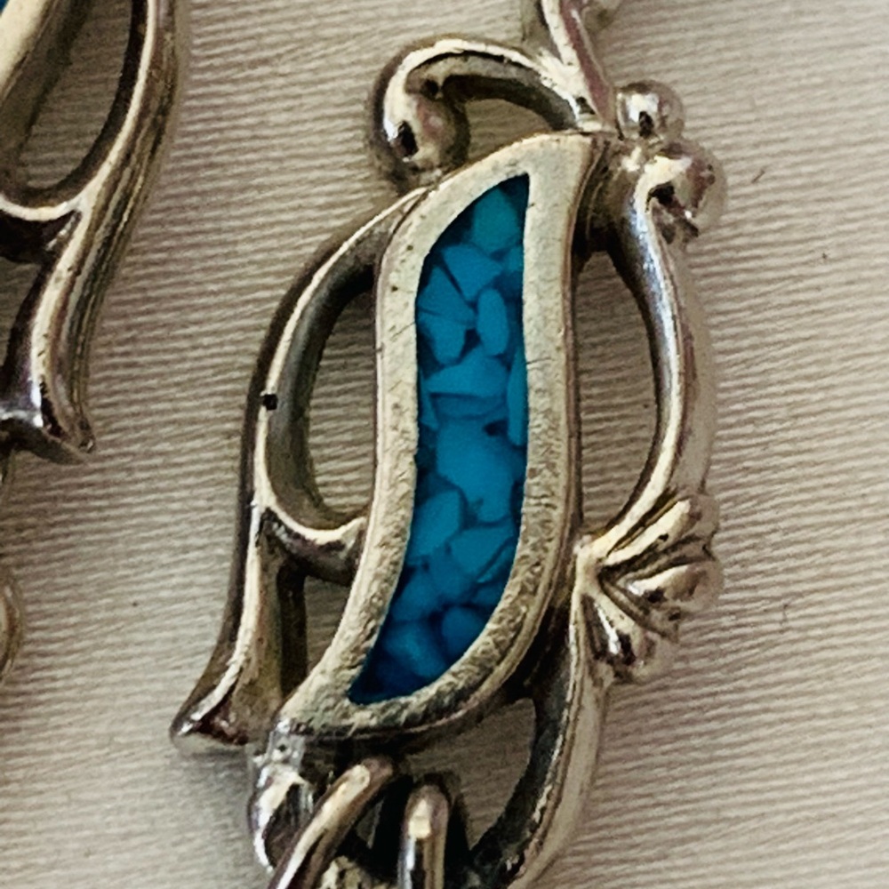 Native American Turquoise and Sterling Drop Feather Charm Earrings Wheeler Mark - Picture 2 of 5